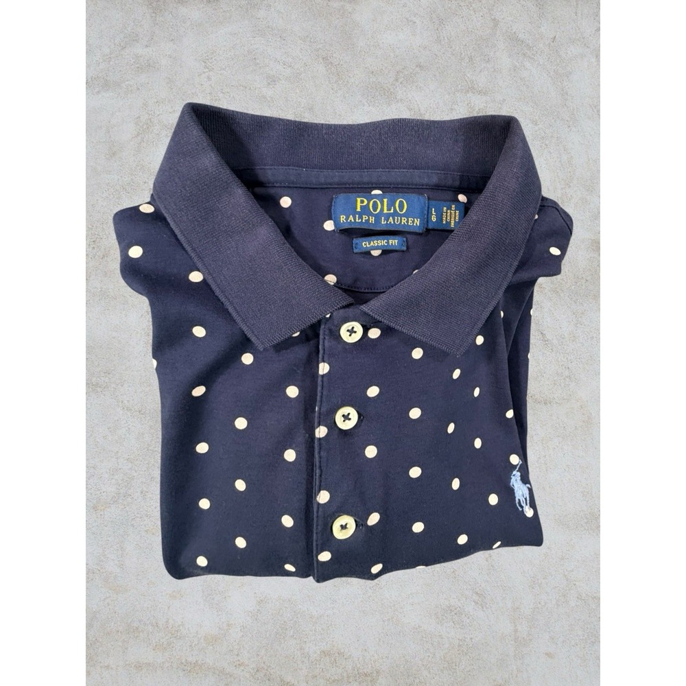 Polo Ralph Lauren Men's L Classic Fit Polo Shirt Navy White Polka Dot Cotton